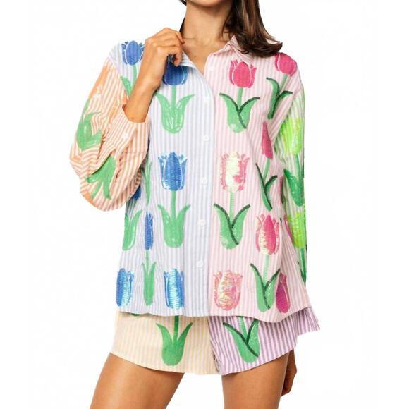 QUEEN OF SPARKLES Tops - NEW QUEEN OF SPARKLES striped sequin tulip button up long sleeve top